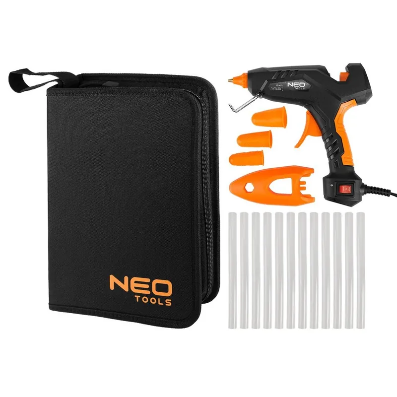 Tani Pistolet klejowy 11 mm 100 W + 12 wkładów klejowych + 3 ochraniacze palców + etui Neo